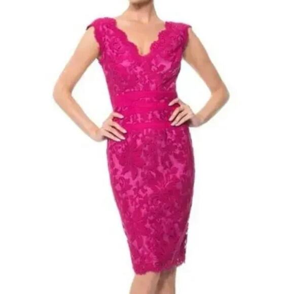 Tadashi Shoji size 14 Pink Embroidered Lace Overlay Knee Length Sheath Dress - Picture 1 of 14